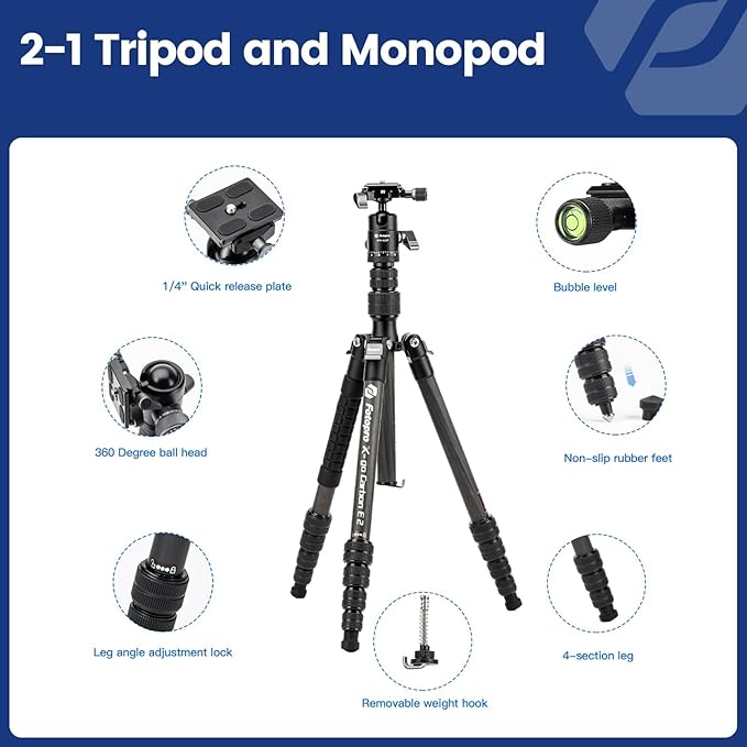 Fotopro 60inch Carbon Fiber Tripod Compact Camera Tripod with Ball Head Quick Release Plate Detachable Monopod Load up to 17.63lbs X-go E 2 Carbon Fiber Black