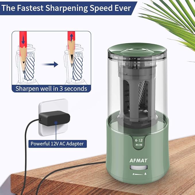 AFMAT PS94 Electric Pencil Sharpener, Auto Stop, Super Sharp & Fast, Electric Pencil Sharpener Plug in for 6-12mm No.2/Colored Pencils/Office/Home - Green