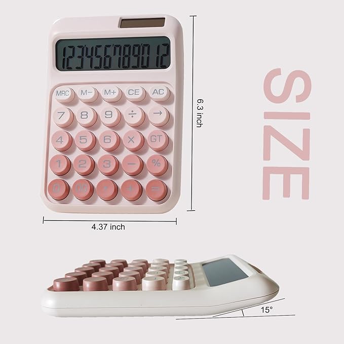 Desk Calculator, Cute 12 Digits Large LCD Display Merchanical Calculator Big Buttons for School,Office,Home,Business, Solar and Battery Dual Power, Battery Include (Pink)