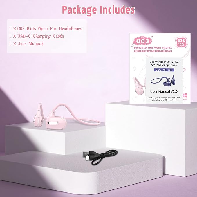 BANIGIPA Kids Headphones, Open Ear Headphones Comfortable for Teens Child Boys Girls, Wireless Bluetooth 5.4 Headset w/Mic for School/Tablet/Travel, 13g Ultra-Light, Protect Hearing, 10H Playtime