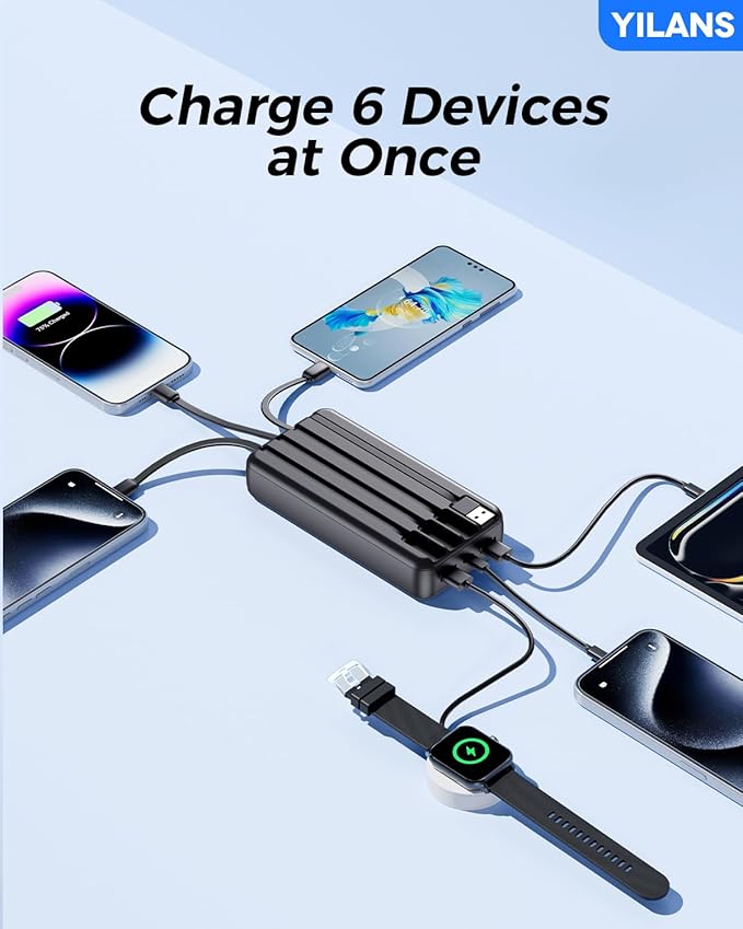 Portable Charger,50000mAh Power Bank Built-in Cable, 22.5W PD USB C In & Out Fast Charging, External Battery Pack with 6 Output & 2 Input, Travel Phone Charger for iPhone 17/16/15/14/13/12, Android