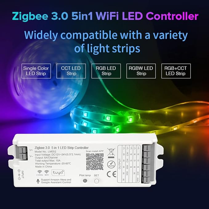 BTF-LIGHTING 5in1 LM052 Tuya Zigbee3.0 LED Controller Support Dimming CCT RGB RGBW RGBCCT PWM LED Strip Compatible with Echo Plus/4th Gen, Tuya Gateway Work with WR01RF WR02RF etc
