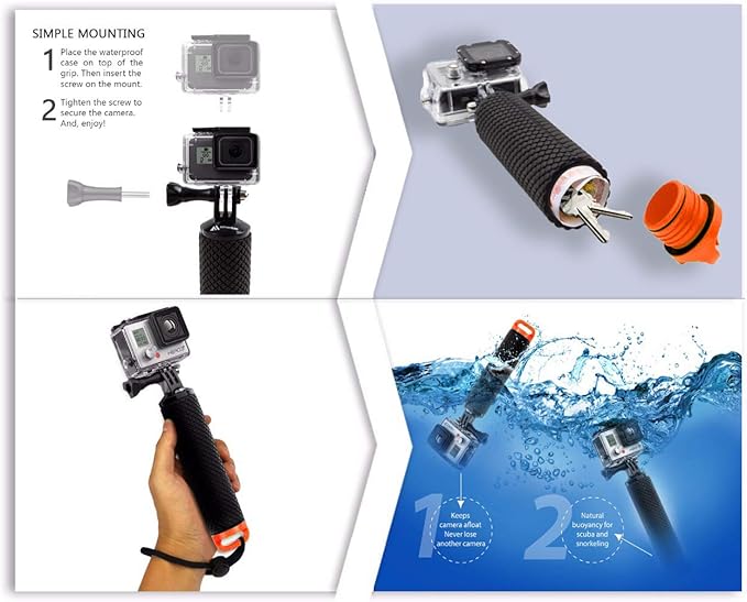 Waterproof Floating Hand Grip Compatible with GoPro Hero 12 11 10 9 8 7 6 5 4 3+ 2 1 Session Black Silver Camera Handler & Handle Mount Accessories Kit for Water Sport and Action Cameras (Yellow)