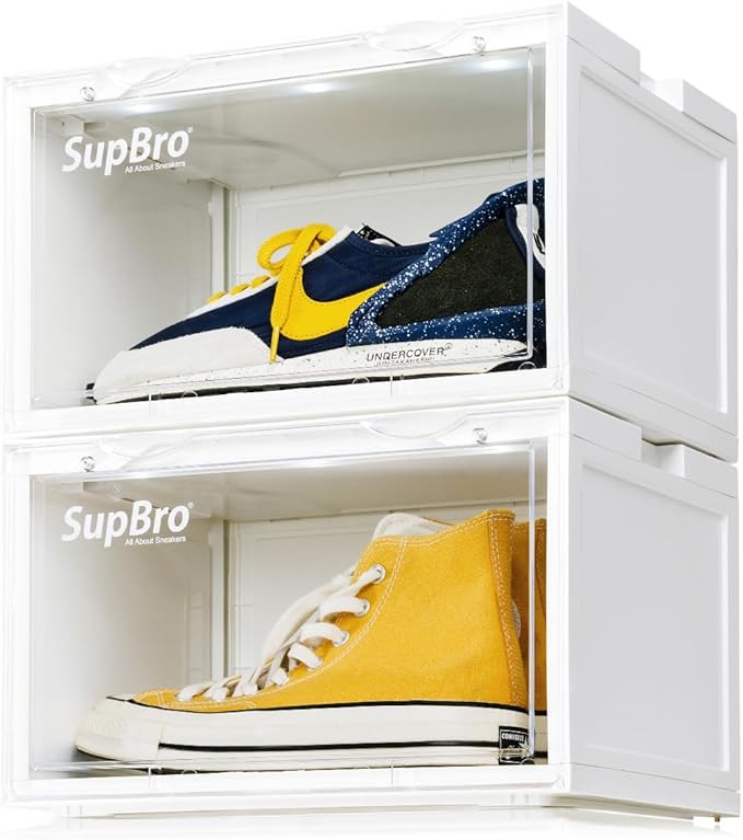 SupBro Led Collection Crate - Voice Control - Easy Access Storage Shoes box, Stackable Shoe Storage with clear plastic door for sneakers - (10.4 x 13.2 x 8.1 inch (2pack), White)