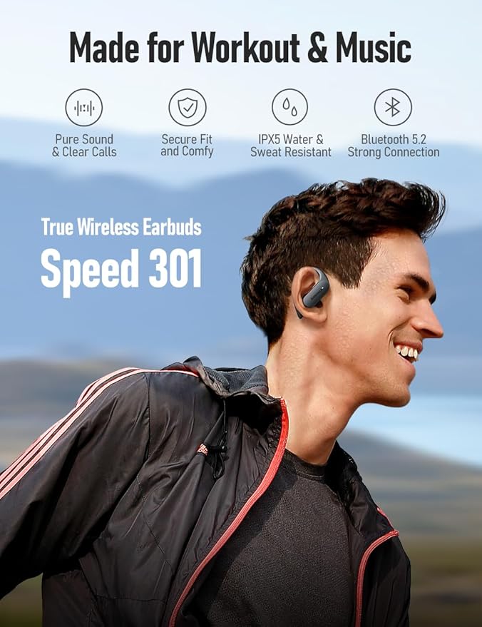 Speed 301 Wireless Earbuds Bluetooth Headphones for Workout Running Sports, Secure & Comfort Fit Ear Buds for iPhone and Android (SP301)