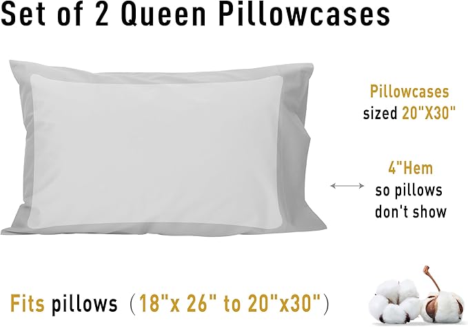 Sunflower Queen Pillowcases Set of 2, 100% Cotton Queen Size Pillow Cases 2, 20×30 inches Ultimate Gray, Soft and Breathable