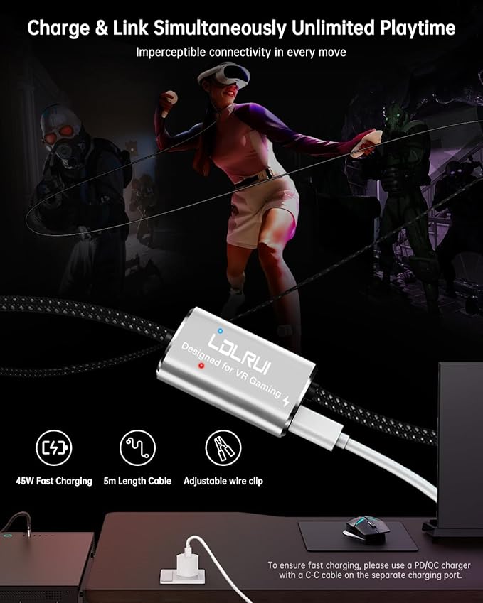 LDLrui Link Cable 16FT with 45W Charging & 5Gbps,Braided USB3.0 to USB C Charger Cord for Meta Quest 3S/Oculus Quest 3.Quest 2/Pro/Pico4 and PC/Steam VR,VR Headset Accessories,with Fixed Clip