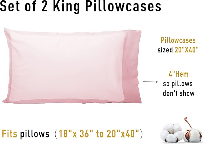 Sunflower King Pillowcases Set of 2, 100% Cotton King Pillow Cases 2, 20×40 inches Dark Pink, Soft and Breathable