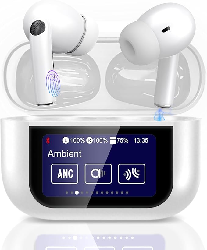Wireless Earbuds, Earphones Wireless Bluetooth 5.4 In Ear Headphones, 40H Hifi Sound ANC Noise Canceling Earbuds, Touch Screen Ear Buds Multifunctional Headsets for Android/IOS Work Gym Sports (White)