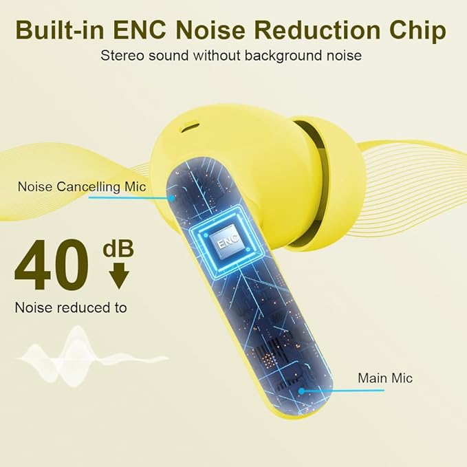 Wireless Earbuds, Bluetooth 5.4 Headphones Bass Stereo, Ear Buds with Noise Cancelling Mic LED Display, IP7 Waterproof in Ear Earphones, 36H Playtime for Laptop Pad Phones Sports Workout, Yellow