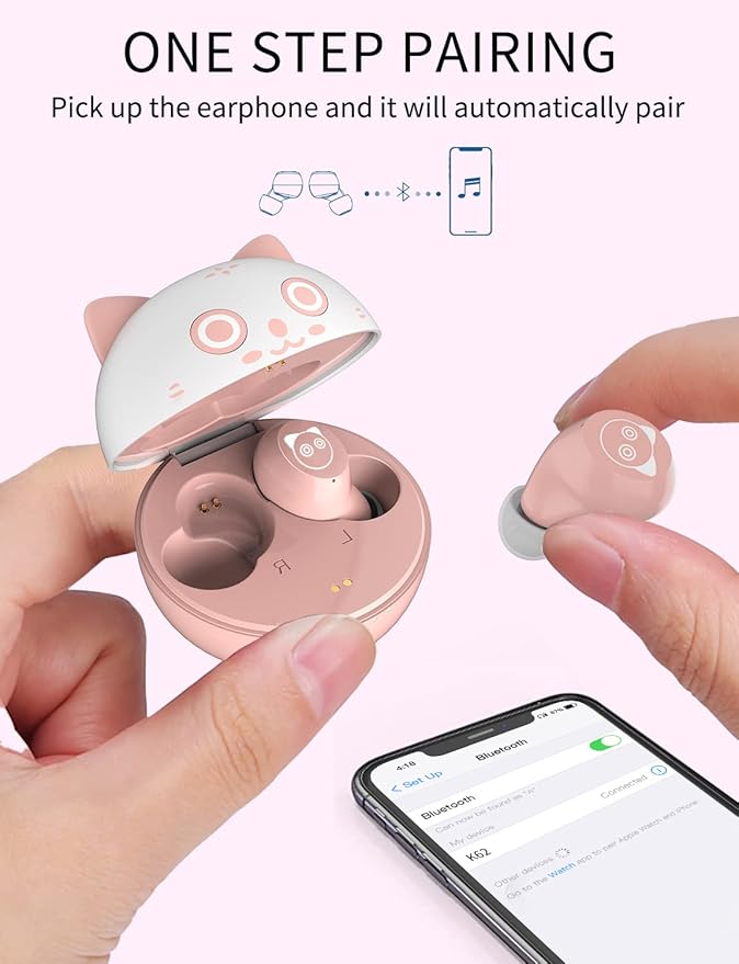 Kids Wireless Earbuds TWS Bluetooth 5.3 Headphones Touch Control with Pink Kitty Wireless Charging Case IPX5 Waterproof HiFi Stereo Headsets in-Ear Earphones Built-in Microphone