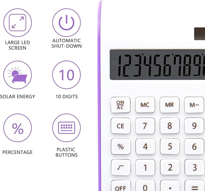 Purple Solar Battery Basic Office Calculator with Large LCD Display