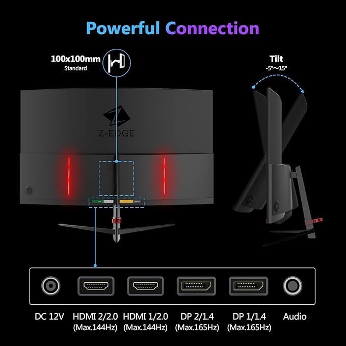 Z-Edge 27 inch Curved Gaming Monitor, QHD 1440P 165Hz 144Hz Curved 1500R Computer Monitor, MPRT 1ms Monitor Gaming, 16.7M Colors, UG27Q Frameless Bezel, 2X DP 1.4 Ports and 2X HDMI 2.0 Ports