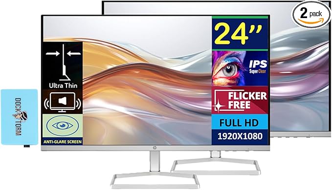HP 24 Monitor with Dual 2W Speakers (Replaces M24fwa) 24" 100Hz IPS FHD 99% sRGB 300 Nits Display, Adjustable Tilt, Flicker-Free, Anti-Glare, Eye Ease, White/Silver w/DKZ USB Port Expander (2 Pack)