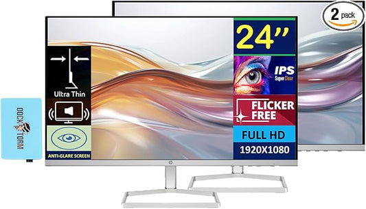 HP 24 Monitor with Dual 2W Speakers (Replaces M24fwa) 24" 100Hz IPS FHD 99% sRGB 300 Nits Display, Adjustable Tilt, Flicker-Free, Anti-Glare, Eye Ease, White/Silver w/DKZ USB Port Expander (2 Pack)