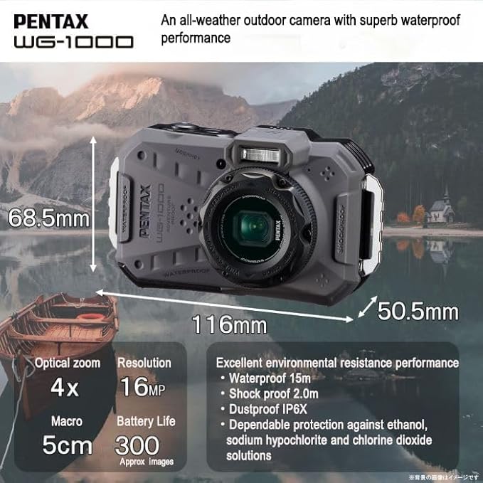 PENTAX WG-1000 Olive Waterproof Digital Compact Camera, Designed for Casual Outdoor and Underwater Photography, Waterproof to a Depth of 15 Meters, for up to one Hour of Continuous Operation