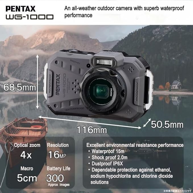 PENTAX WG-1000 Gray Waterproof Digital Compact Camera, Designed for Casual Outdoor and Underwater Photography, Waterproof to a Depth of 15 Meters, for up to one Hour of Continuous Operation