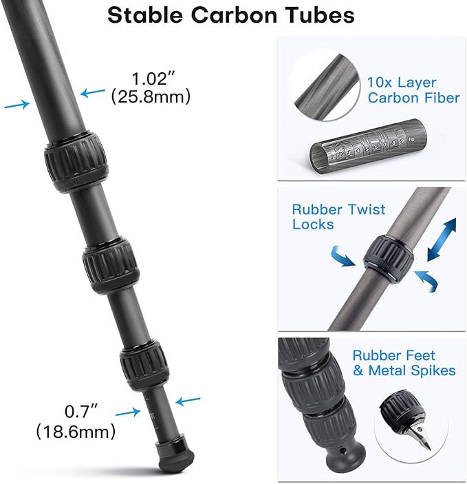 SIRUI 47.2" Carbon Fiber Tripod, Lightweight Compact Camera Tripod for Travel, 4-Section Legs, Twist Locks, Detachable Steel Spikes, Loads up to 26.5lbs/12kg