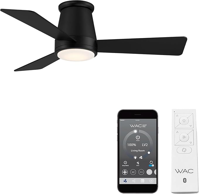 WAC Smart Fans Hug Indoor and Outdoor 3-Blade Flush Mount Smart Home Ceiling Fan 44in Matte Black with 3000K LED Light Kit and Remote Control works with Alexa and iOS or Android App