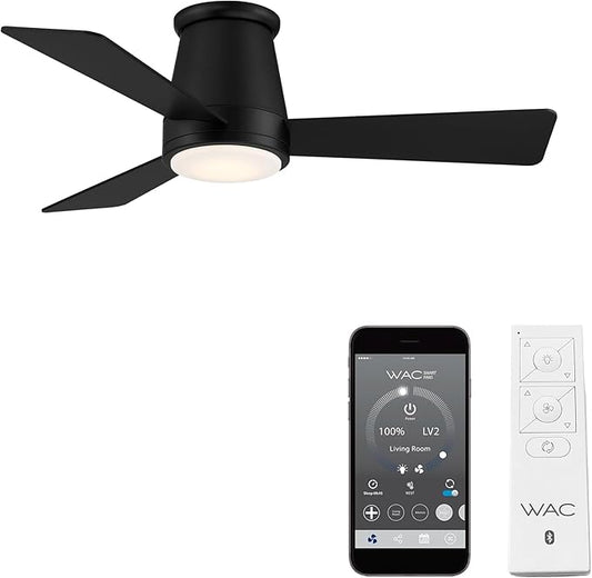 WAC Smart Fans Hug Indoor and Outdoor 3-Blade Flush Mount Smart Home Ceiling Fan 44in Matte Black with 3000K LED Light Kit and Remote Control works with Alexa and iOS or Android App