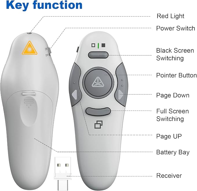 QUI Presentation Clicker Wireless Presenter Remote Clicker for PowerPoint Presentation Remote, PowerPoint Slide Advancer for Mac/Windows/Linux, Google Slide/PPT/Keynote, Type-c, Silver