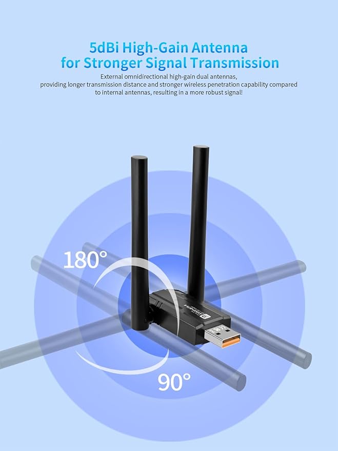 USB WiFi 6 Adapter with Bluetooth 5.4 Dual Band 2.4/5GHz, AX900Mbps USB Wireless Network Adapter with 5dBi Antenna for Desktop/Laptop, 802.11ax, WPA3, Compatible with Windows 11/10/8.1/8/7