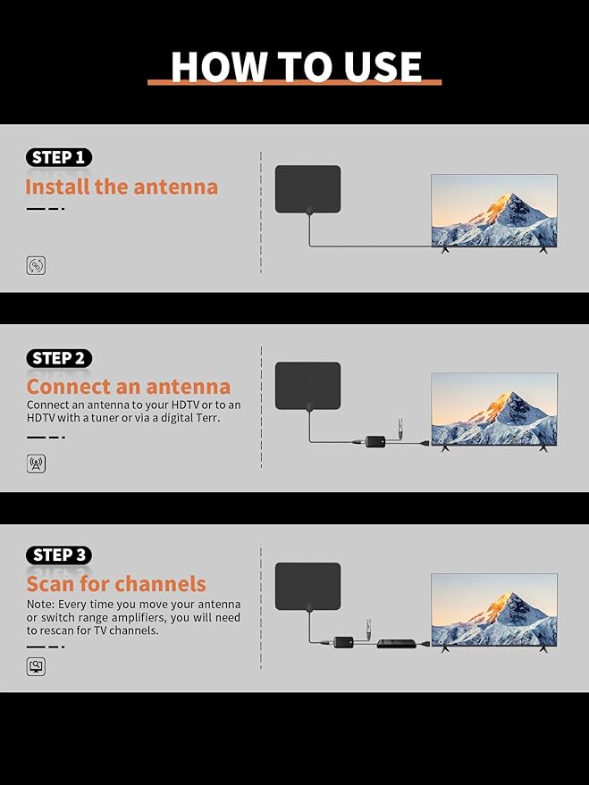 TV Antenna Indoor, 2025 Upgraded Amplified HD Digital TV Antenna for Smart and Older TV’s Up to 900 Miles, Digital HDTV Antenna Support 4K 1080p VHF UHF Local Channels (Black)