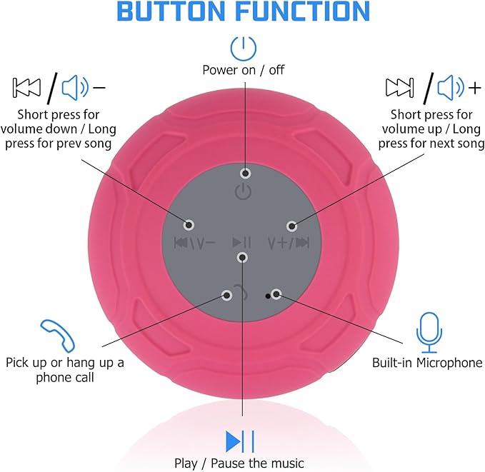 Waterproof Bluetooth Shower Speaker Portable Wireless Water-Resistant Speaker Suction Cup,Built-in Mic Gifts for Kids Speakerphone for iPhone Phone Tablet Bathroom Kitchen - Pink