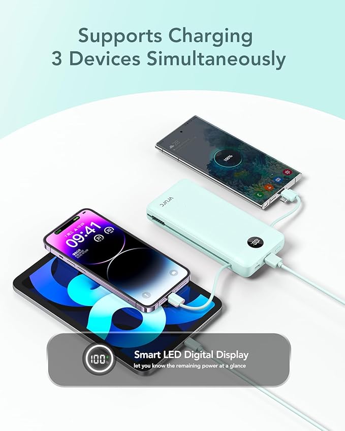 VRURC Portable Charger 20000mAh, Fast Charging Power Bank USB C,4 Output 2 Input Travel Essentials Charging Bank Equipped with LED Display,Built-in Wall Plug and Cables,Phone Charger Battery,Green