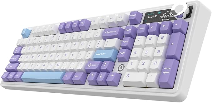AK980 97Keys Tri-Mode Full Mechanical Keyboard, Gasket-Mounted, Hot-Swappable, 1.14” TFT Smart Display, Bluetooth 5.1/2.4G Wireless/Wired, PBT Keycaps RGB Backlit (Purple, Gift Linear Switch)