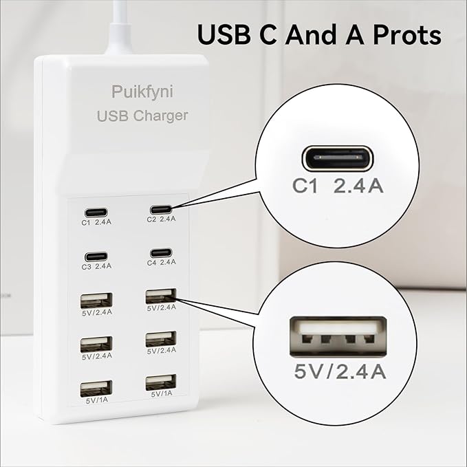 Portable USB C Charging Station,USB-C 4-Ports, USB Charging hub 10-Ports/USB c Charger Block for Multiple Devices Phones Tablet Smartwatch Headphones Speakers (USB-4C+6A)