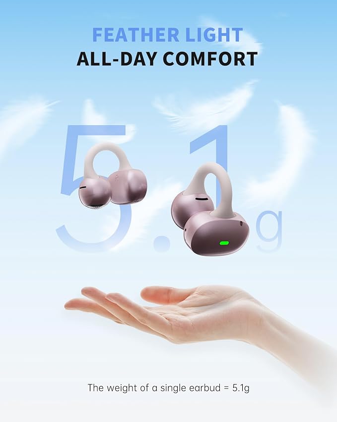 Open Ear Earbuds, Clip-On Earbuds Wireless Bluetooth, Ear Clip Bluetooth Headphones, Lightweight Comfort, Ergonomic Secure Fit for Small Ears, Ultra Open Audio, Waterproof, 40H Playtime