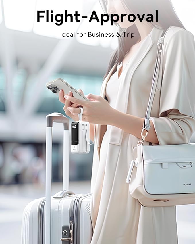 Portable Charger, 65W Power Bank Fast Charging, USB C Battery Pack with Built in Cable, 4 Outputs Powerbank, Travel Essentials Compatible with iPhone 17 16 15 14 13 iPad MacBook Pro Samsung Dell XPS