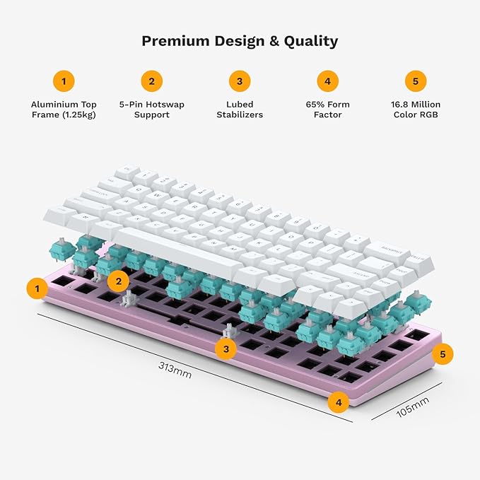 Glorious Gaming GMMK 2 Compact 65% Barebones (Frame Only) - Mechanical Gaming Keyboard Frame, Compact TKL Size (65%), Aluminium, Customisable, Per Key RGB, American QWERTY Layout - Pink