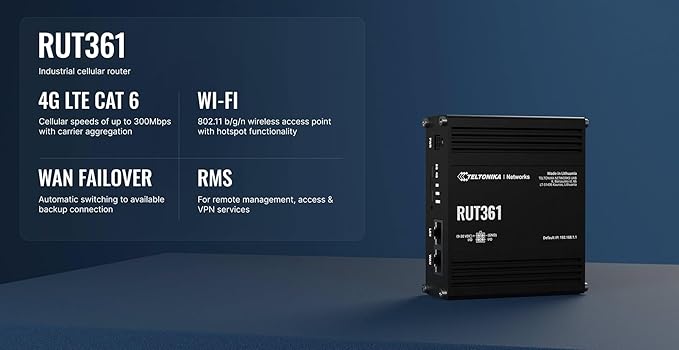 Teltonika RUT361 Industrial 4G LTE Router – Compact & Rugged Cellular Wireless Router with Ethernet, WiFi, VPN, RMS Support, Remote Monitoring, and IoT connectivity (RUT361200800)