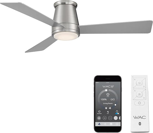 WAC Smart Fans Hug Indoor and Outdoor 3-Blade Flush Mount Smart Home Ceiling Fan 52in Brushed Nickel with 3000K LED Light Kit and Remote Control works with Alexa and iOS or Android App