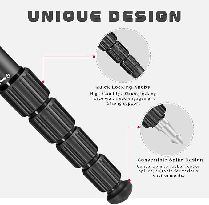 TONYBOO TE-2 65 inch Camera Monopod, Aluminum Photography Monopod with 5-Section Height Portable Compact Lightweight Travel Stick Pole,Camera Stand for DSLR Canon Nikon Sony, Easy to Carry