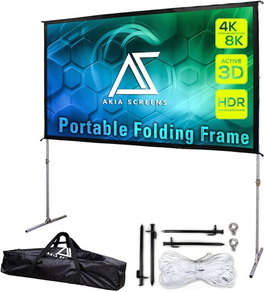 Akia Screens 120 inch Portable Outdoor Projector Screen with Stand and Bag 16:9 8K 4K Ultra HD 3D Adjustable Height Foldable Projection Screen Silver for Movie Video Home Theater AK-OS120H1