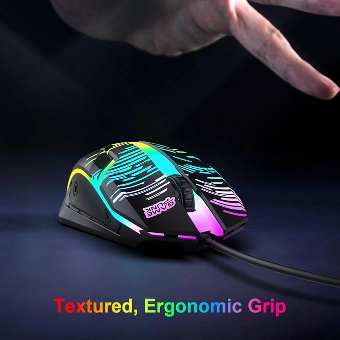 GAME PUNK Wired Gaming Mouse, Ergonomic RGB Mouse with Colorful Lights, Plug-and-Play Design, Tangle-Free Cable, Textured Scroll Wheel, USB-A Tip, Compatible with PS5, Xbox Series X/S, PC, and Laptop