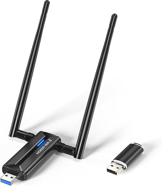 USB WiFi 6E Adapter AX3000M, USB 3.0 WiFi Adapter for Desktop PC Dongle 802.11AX Tri-Band 6G/5G/2.4G Dual 5dBi Support OS Windows 11/10 64bits (U Disk Included)