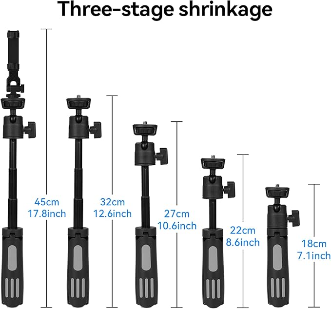 Portable Cell Phone Tripods & Desktop Tripod & Extendable Selfie Stick (18-45cm), 360° Phone Clip & Cold Shoe Mounts - for iPhone/Samsung/GoPro/DJI/Canon/Sony Cameras/Lights