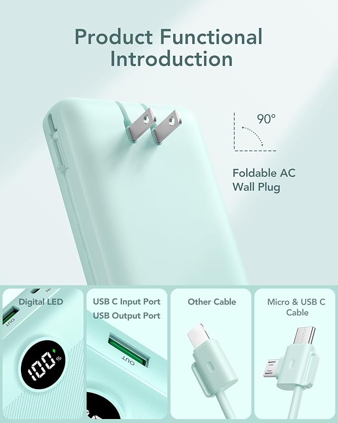 VRURC Portable Charger 20000mAh, Fast Charging Power Bank USB C,4 Output 2 Input Travel Essentials Charging Bank Equipped with LED Display,Built-in Wall Plug and Cables,Phone Charger Battery,Green