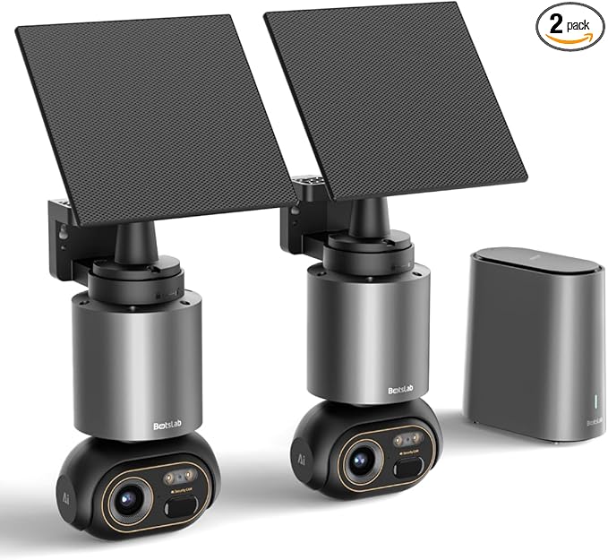 BOTSLAB Security Cameras Wireless Outdoor, 2 Cam-Kit, 4K Color Night Vision, Solar Cameras for Home Security with 360° PT, No Monthly Fee, 32GB Local Storage HomeBase, Auto Tracking, Easy Installation