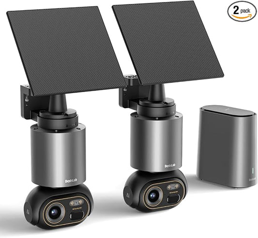 BOTSLAB Security Cameras Wireless Outdoor, 2 Cam-Kit, 4K Color Night Vision, Solar Cameras for Home Security with 360° PT, No Monthly Fee, 32GB Local Storage HomeBase, Auto Tracking, Easy Installation