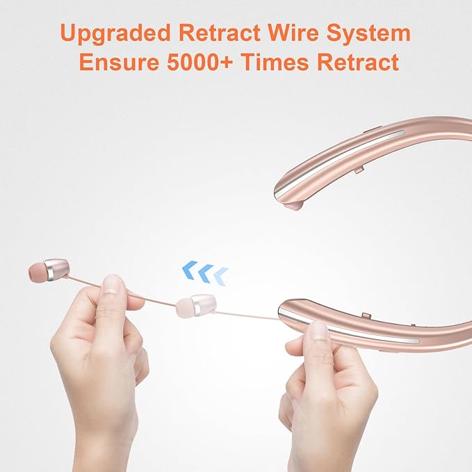 Bluetooth 5.0 Neckband Bluetooth Headphone, Sweat Resistant Noise Cancelling Stereo Headphones, and Retractable Ear Tips for Music, Conference, Videos（Rose Gold）