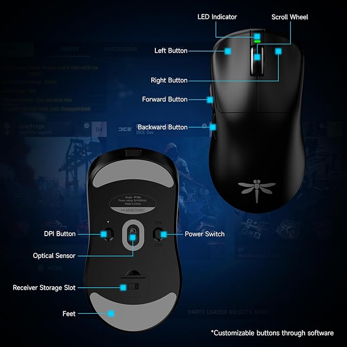 VGN F1 Pro Max Wireless Gaming Mouse - 55g Ultralight - 26000 Adjustable DPI - 1000Hz Polling Rate - 200h Battery - Wireless & Wired Mode - 6 Programmable Buttons - Professional Grade - USB-C - Black