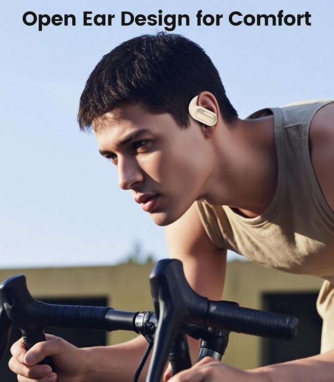 Open Ear Wireless Headphones, 40H Playtime Bluetooth Earbuds with Fast Charging, LED Digital Display, Ergonomic Earhooks, IPX7 Waterproof Earphones for Running, Workout Beige