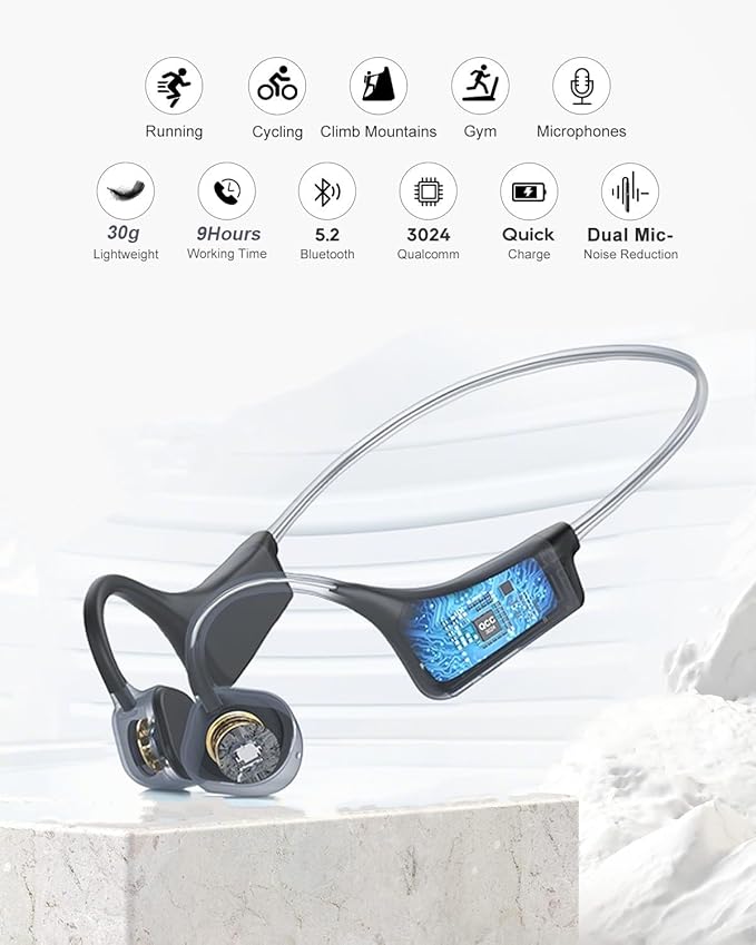 Bone Conduction Headphones IP67 Waterproof Wireless Bluetooth 5.2 Headset w/Dual CVC8.0 Noise-Canceling Mics Soft Silicone Sport Earphones for Running/Gym/Calls