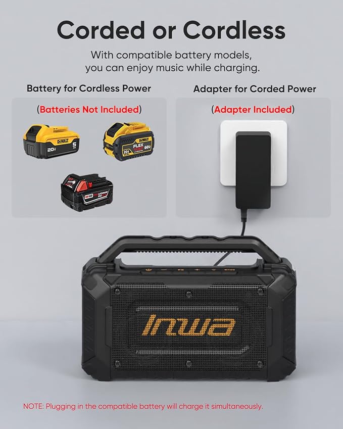 Inwa Jobsite Bluetooth Speakers, 60W Outdoor Portable Wireless Speakers, Compatible with DeWalt & Milwaukee Battery, Loud Boombox w/Bass, RGB Lights & Aux, for Work/Workshop/Garage(Black)