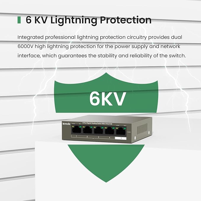 Tenda TEG1105P, 5 Port Gigabit PoE Switch Compatible with IEEE 802.3af/at Devices, Unmanaged PoE Switch with 4 Port PoE+@63W, Plug & Play, Fanless & Metal Design, Limited Lifetime Protection